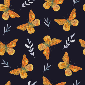 Cute seamless pattern with colorful butterflies and plant elements. Watercolor illustrations. © Yuliya