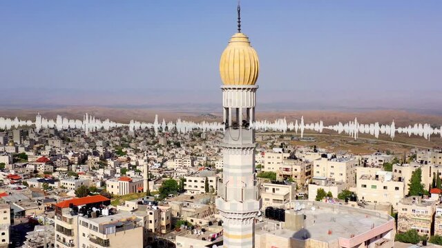 Audio waves emitted from Mosque tower minaret, Aerial view
,Sound Visualization on mosque in Palestine territory, Anata refugees Camp
