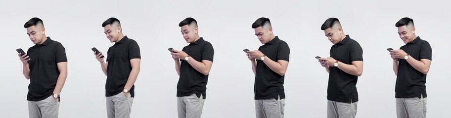 Collection photos of handsome young men was holding smartphones with various expressions face