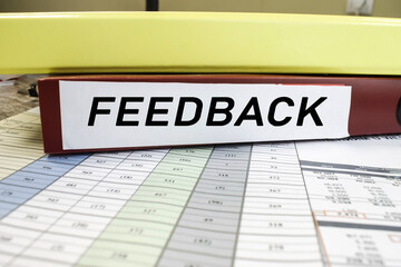 Feedback is written on a red folder that lies on the documents with colored columns of numbers.