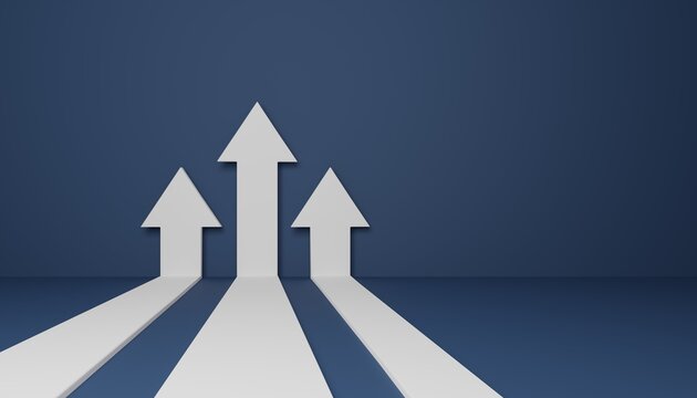 Three flat arrows up, concept of business target reach, 3D rendering illustration