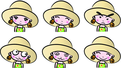 vector cartoon girls with hat emoji set
