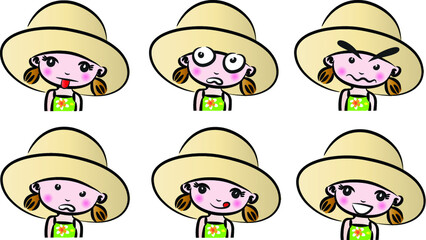 vector cartoon girls with hat emoji set