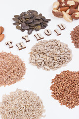 Products and ingredients as best food for healthy thyroid. Natural eating containing vitamins.White background