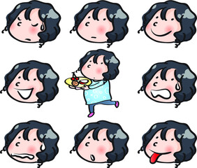 vector drawing fat girl emoji set