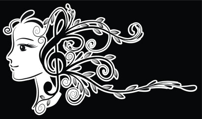 vector drawing beauty with flowers music note