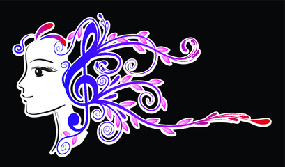 vector drawing beauty with flowers music note