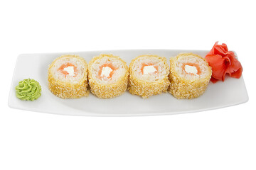 Japan baked sushi rolls on a white plate isolated on a white background. Restaurant serving concept.