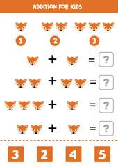 Fototapeta na wymiar Addition worksheet with cartoon fox face. Math game.