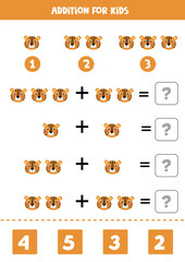 Addition worksheet with cute cartoon tiger face. Math game.