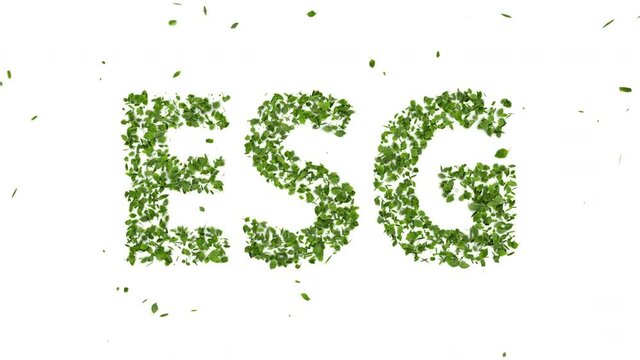 abstract 3D leaves growing and forming ESG text symbol animation on white background, creative eco environment investment fund, 2021 future green energy innovation business trend