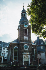 Obraz premium Monschau town in the Eifel region. A small picturesque tourist destination in Noth Rhine-Westphalia, Germany