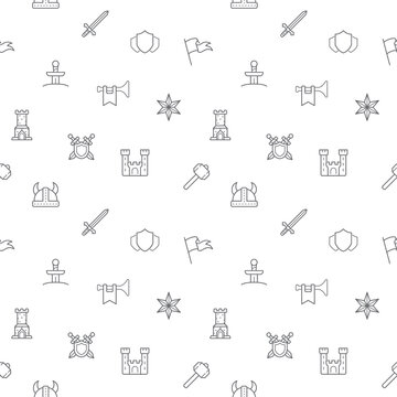 Seamless pattern with fantasy and battle icon on white background. Included the icons as weapon, castle, Shield, sword, knife, bugle, horn, helmet And Other Elements.