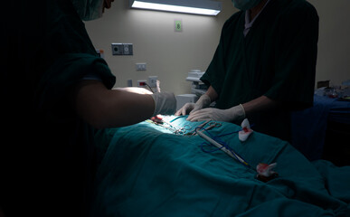 A surgeon's team in uniform performs an operation on a patient at a cardiac surgery clinic. Modern medicine, a professional team of surgeons, health.