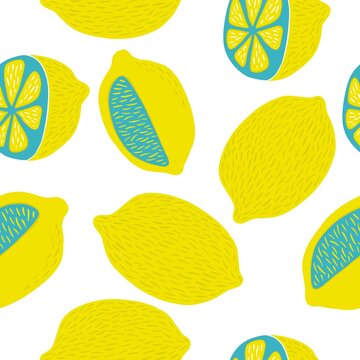 Hand drawl summer print with Lemon. Vector Lemon print for fabric or wallpaper. Seamless pattern with yellow lemon