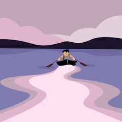A sailor in a boat swims to the shore. Vector illustration.