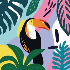 Hand drawn exotic pattern with toucan and tropical leaves. fresh summer pattern for textile, paper, decor and greeting cards
