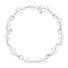 Vector round frame, wreath from outline tulips. Spring flowers. Hand drawn doodle isolated. Background, border, decoration for greeting card, invitation, Valentine's, Women's or Mother day