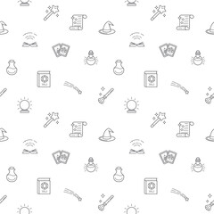 Seamless pattern with magic and witch icon on white background. Included the icons as alchemy, wizardry, enchantment, tarot, storybook, paranormal, magician And Other Elements.