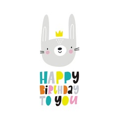 Cute hand drawn card with happy animal and lettering Thank you. Birthday vector print
