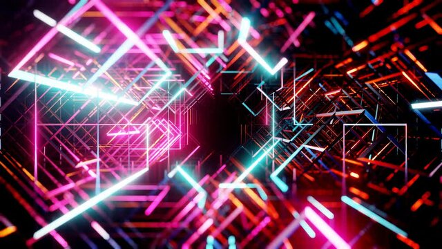 A neon tunnel of lines. A colorful corridor with bright reflections and blurring at the edges. Neon background. 3D 4K loop animation