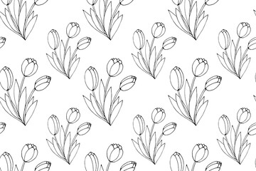 Vector seamless pattern with outline Bouquet of three flowers of tulips. Hand drawn doodle spring texture, background. For wrapping paper, coloring page, mother's or women's or Valentine's Day