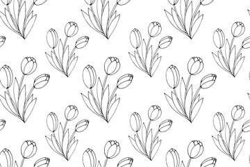 Vector seamless pattern with outline Bouquet of three flowers of tulips. Hand drawn doodle spring texture, background. For wrapping paper, coloring page, mother's or women's or Valentine's Day