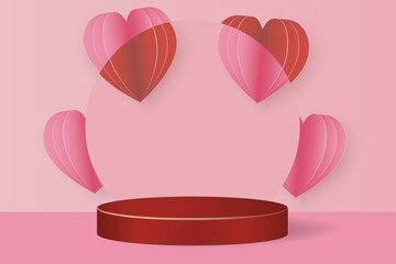 3d vector abstract Empty podium on pink red Paper heart background with podium and circular podium for product minimal presentation. cosmetics stand, valentine day, banner, sale, copy space