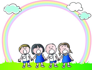 vector cartoon school kids with balloon card border