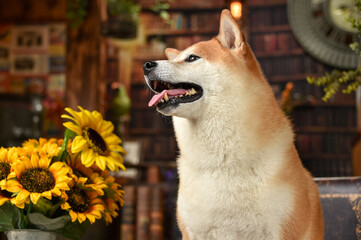 レトロ背景でおすましする柴犬
