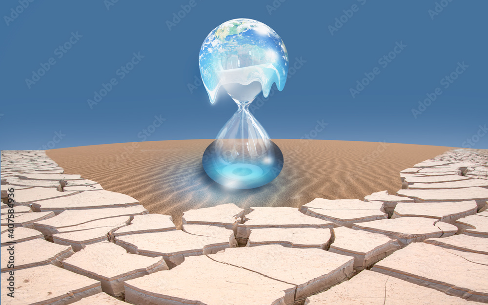 Aufkleber global warming concept - planet earth on hourglass is slowly melting on the dry soil -hourglass insi