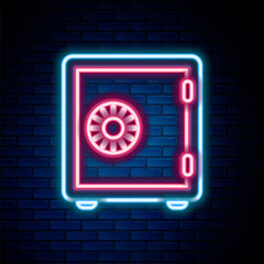 Glowing neon line Safe icon isolated on brick wall background. The door safe a bank vault with a combination lock. Reliable Data Protection. Colorful outline concept. Vector.