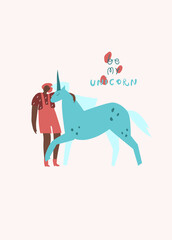 Girl with unicorn. Handwritten text: be my unicorn. Vector template for postcard print pin label badges sticker greeting card