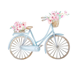 Fototapeta na wymiar Hand drawn watercolor illustration - romantic blue bike