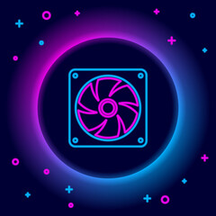 Glowing neon line Computer cooler icon isolated on black background. PC hardware fan. Colorful outline concept. Vector.