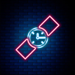 Glowing neon line Wrist watch icon isolated on brick wall background. Wristwatch icon. Colorful outline concept. Vector.
