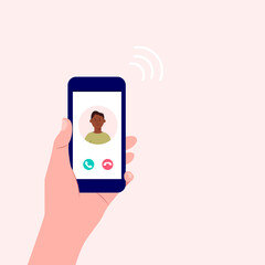 Incoming call. Human hand holding mobile phone with call  screen with man. Accept or decline phone call concept. Holding smartphone on hand.  Modern colorful vector illustration in cartoon flat style.