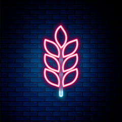 Glowing neon line Lightning bolt icon isolated on brick wall background. Flash icon. Charge flash icon. Thunder bolt. Lighting strike. Colorful outline concept. Vector.