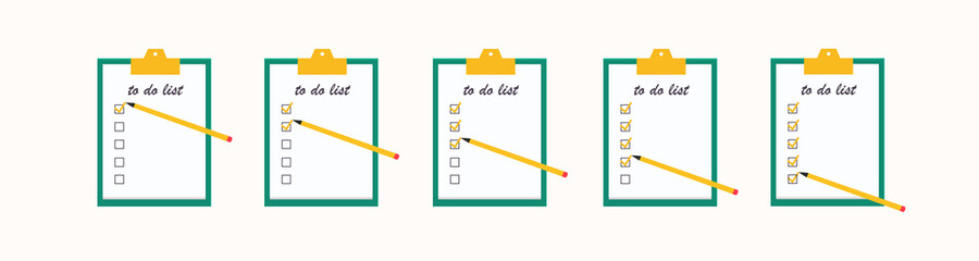 To do list or planning in a week concept. Weekly tasks. Bucket list. Task management. Achievement. List of goals. Paper sheets with checkmark and checkbox. Vector illustration in cartoon flat style.