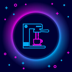Glowing neon line Coffee machine and coffee cup icon isolated on black background. Colorful outline concept. Vector.