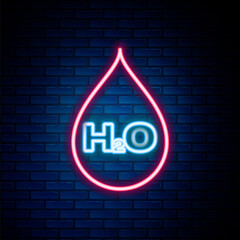 Glowing neon line Water drop with H2O icon isolated on brick wall background. Water formula. Colorful outline concept. Vector.