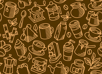 Coffee, tea and equipment vector seamless brown pattern suitable for cafe, coffee shops, bars, stores or restaurants