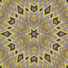abstract background of railway pattern of a kaleidoscope. grey bricks and yellow line background fractal mandala. abstract kaleidoscopic arabesque. geometrical ornament pattern