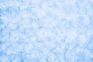 Background, texture of fresh fallen snow. Snowflakes close-up. The winter time of year