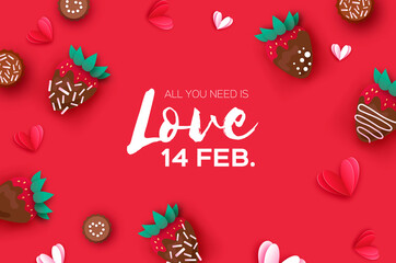 Love Strawberry and Chocolate. Valentines Day Greeting Card. Hearts paper cut style. Sweet dessert, choco candy. Happy Romantic holidays. Space for text. February 14. Red background.