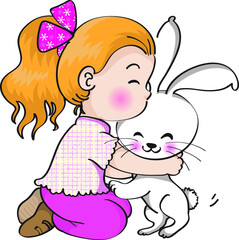 vector cartoon kid hug rabbit