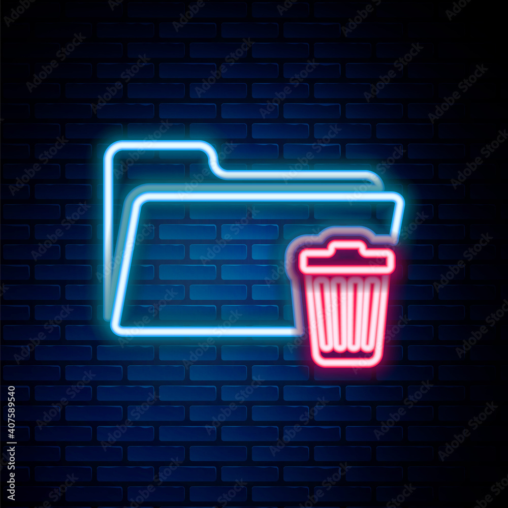 Poster glowing neon line delete folder icon isolated on brick wall background. folder with recycle bin. del