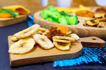 Energy Snack Dry fruit.dried bananas. Healthy vegetarian food. jewish holiday Tu Bishvat.