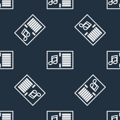 Line Music book with note icon isolated seamless pattern on black background. Music sheet with note stave. Notebook for musical notes. Vector.