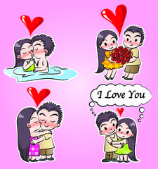 vector cartoon girl and boy fall in love emoji set